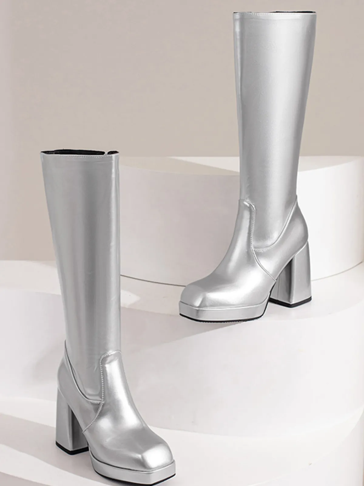 Outlet Retro Stage Patent Leather Round Toe Solid High Heel Boots