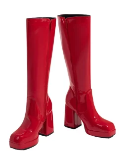 Outlet Retro Stage Patent Leather Round Toe Solid High Heel Boots