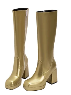 Outlet Retro Stage Patent Leather Round Toe Solid High Heel Boots