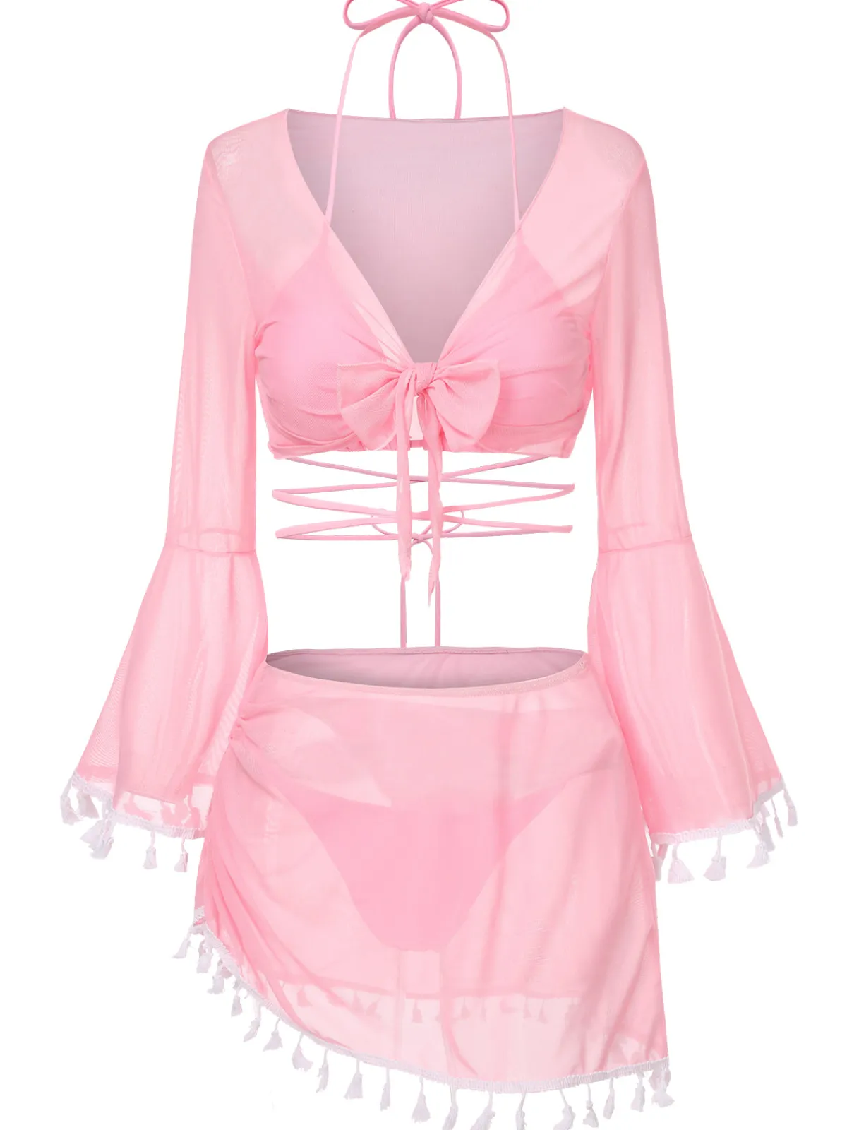Best Retro Stage 4PCS 1940s Fringe V-Neck Swimsuit & Cover-Up