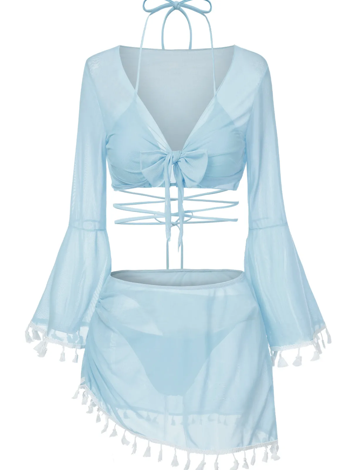 Best Retro Stage 4PCS 1940s Fringe V-Neck Swimsuit & Cover-Up
