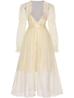 Online Retro Stage 2PCS Apricot 1950s Floral Straps Slit Nightgown & Robe