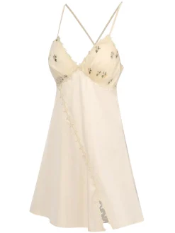 Online Retro Stage 2PCS Apricot 1950s Floral Straps Slit Nightgown & Robe