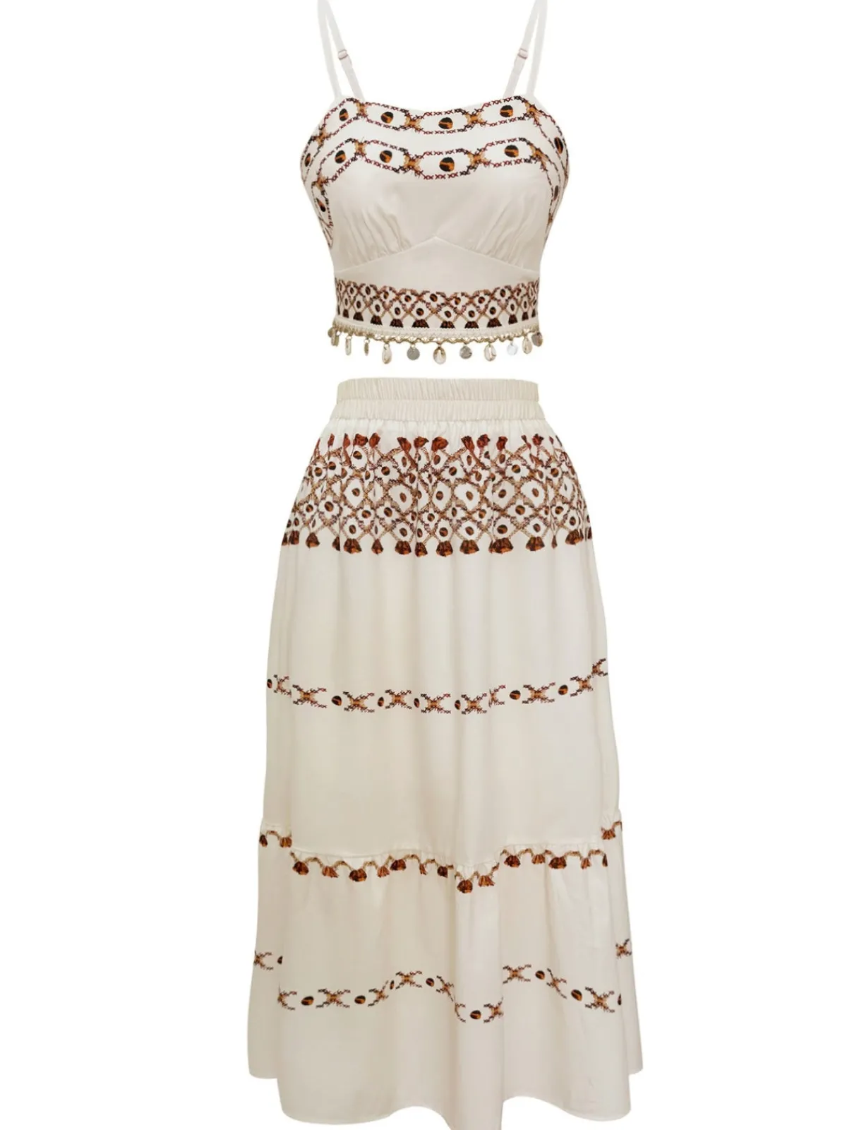 Best Retro Stage 2PCS 1970s Bohemian Fringe Strap Top & Skirt Beige
