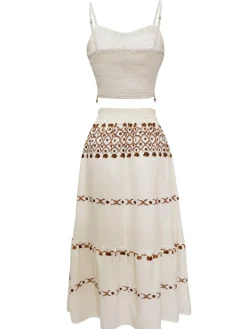 Best Retro Stage 2PCS 1970s Bohemian Fringe Strap Top & Skirt Beige