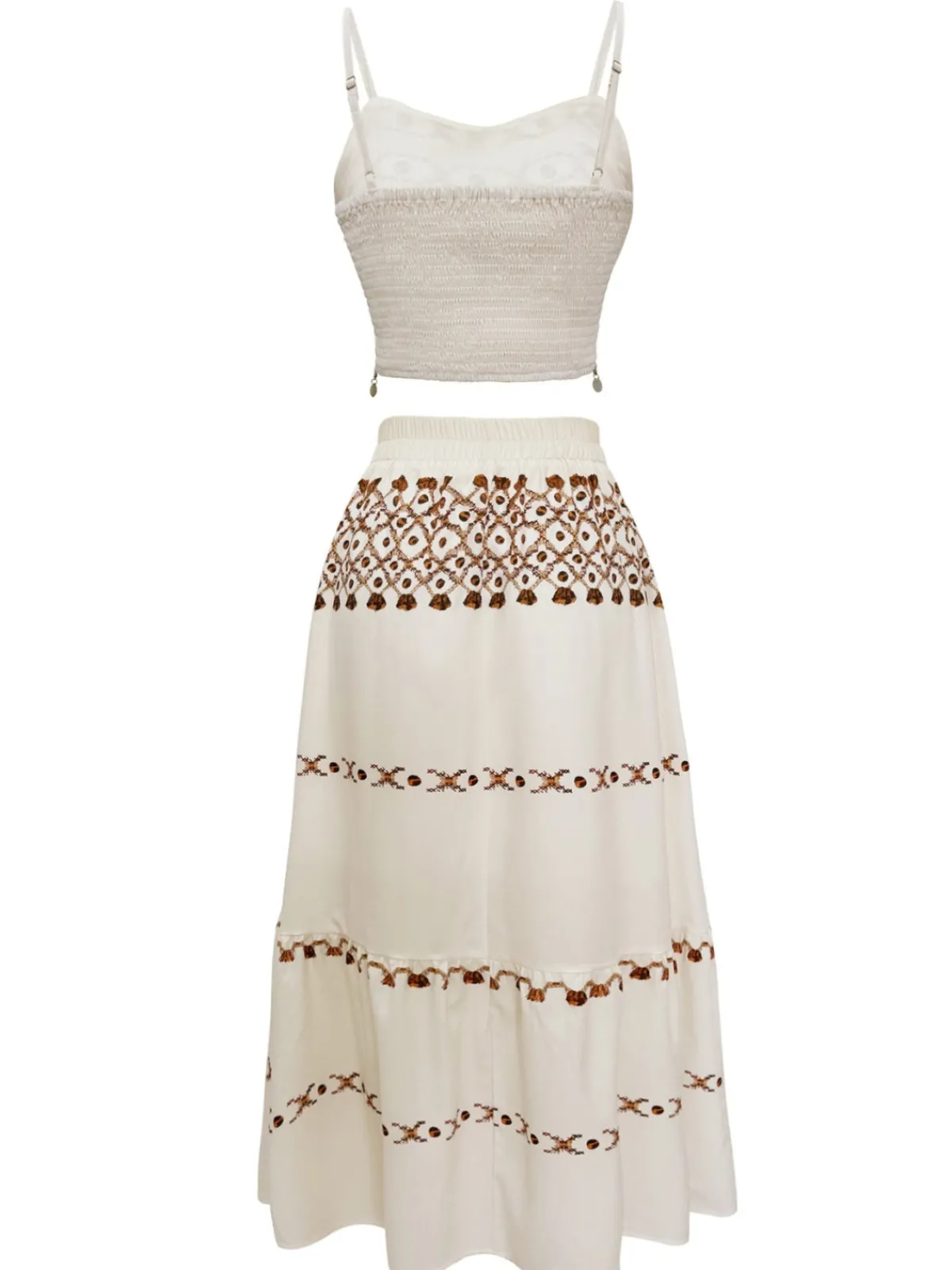 Best Retro Stage 2PCS 1970s Bohemian Fringe Strap Top & Skirt Beige