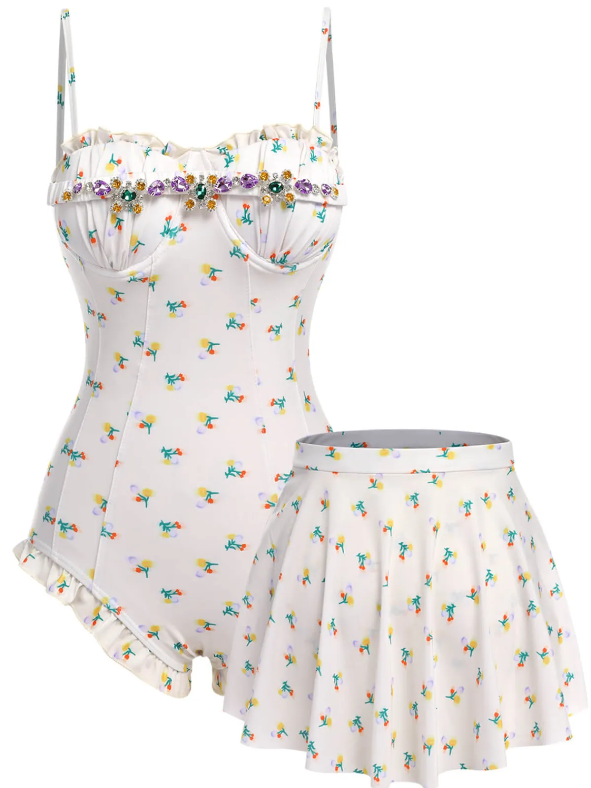 Best Retro Stage 2PCS 1950s Floral One-Piece Swimsuit & Skirt Beige