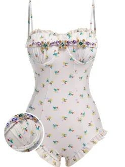 Best Retro Stage 2PCS 1950s Floral One-Piece Swimsuit & Skirt Beige