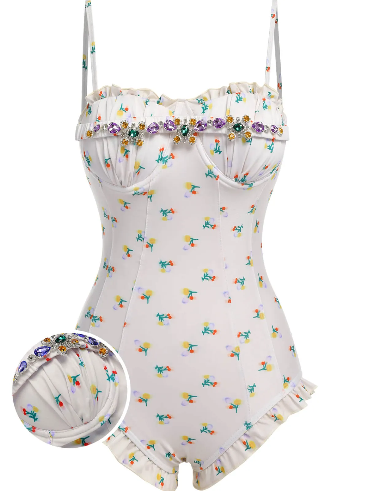 Best Retro Stage 2PCS 1950s Floral One-Piece Swimsuit & Skirt Beige
