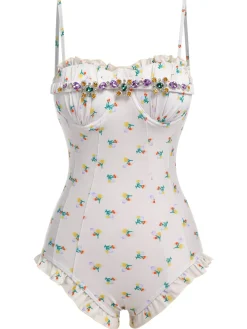 Best Retro Stage 2PCS 1950s Floral One-Piece Swimsuit & Skirt Beige