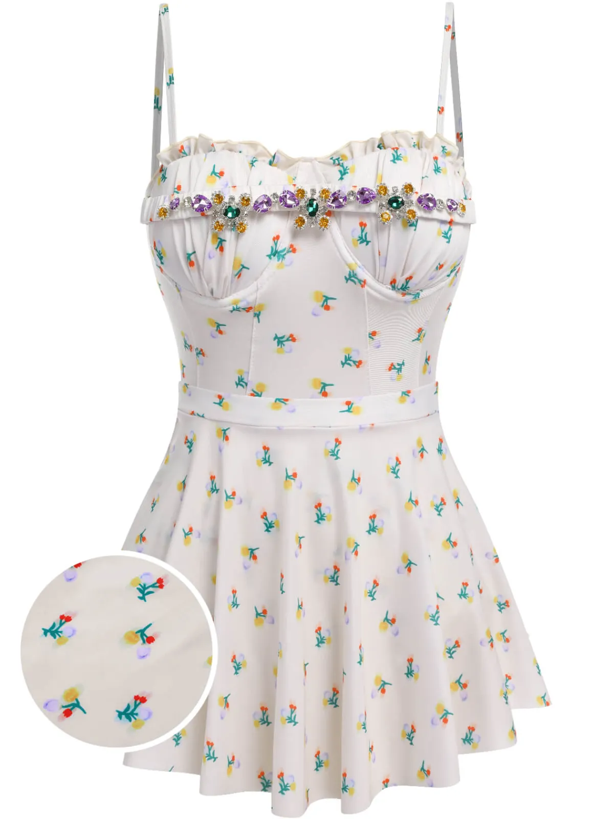 Best Retro Stage 2PCS 1950s Floral One-Piece Swimsuit & Skirt Beige