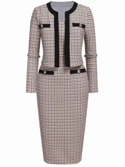 Fashion Retro Stage 2PCS 1960s Knitted Straps Pencil Dress & Short Coat Beige