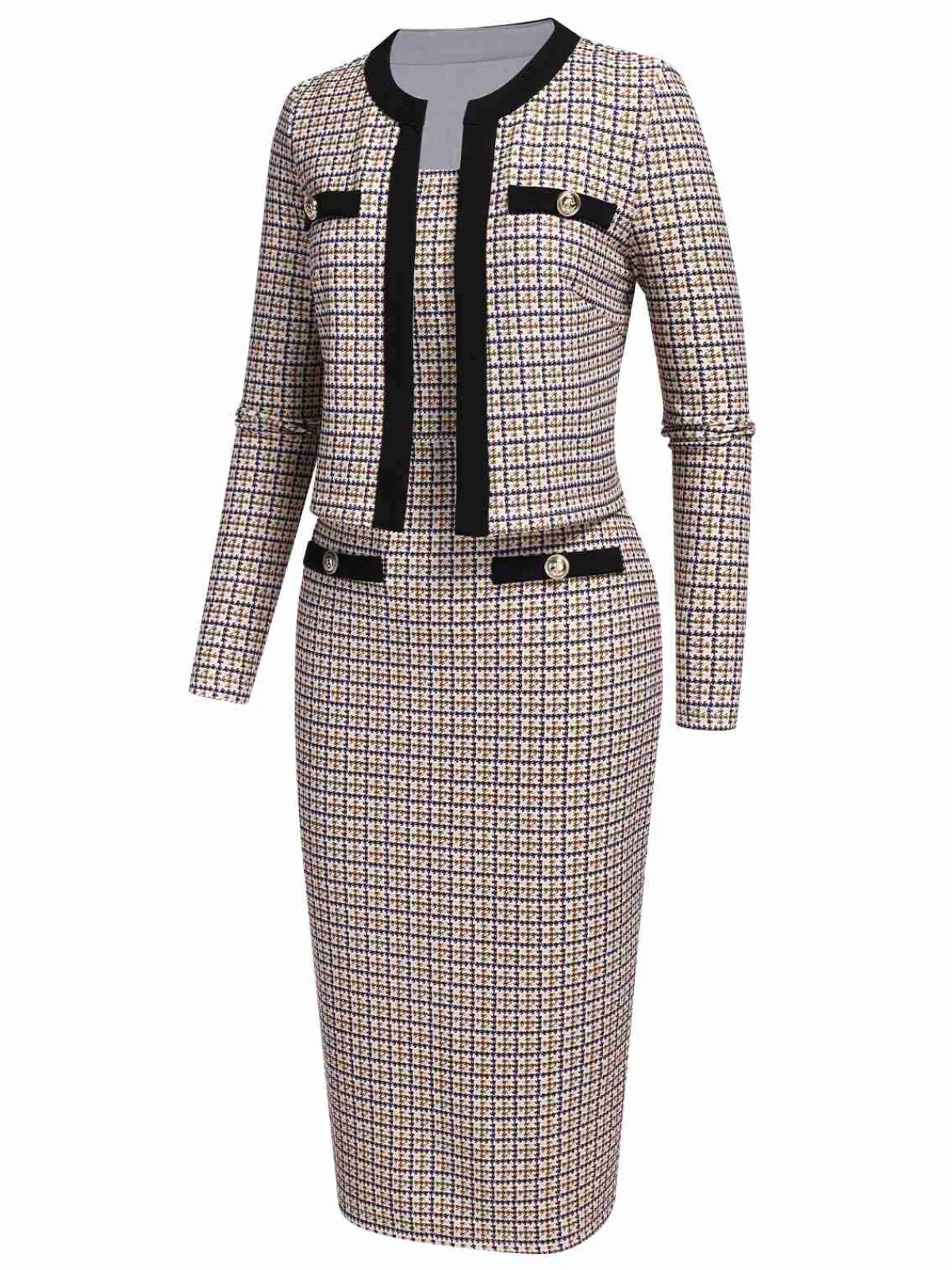 Fashion Retro Stage 2PCS 1960s Knitted Straps Pencil Dress & Short Coat Beige