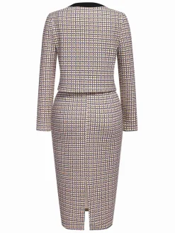Fashion Retro Stage 2PCS 1960s Knitted Straps Pencil Dress & Short Coat Beige