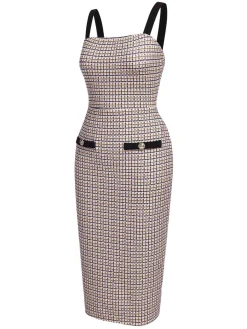Fashion Retro Stage 2PCS 1960s Knitted Straps Pencil Dress & Short Coat Beige