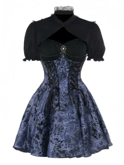 Fashion Retro Stage 2PCS 1980s Gothic Cape Cardigan & Floral Embroidered Dress Black & Blue