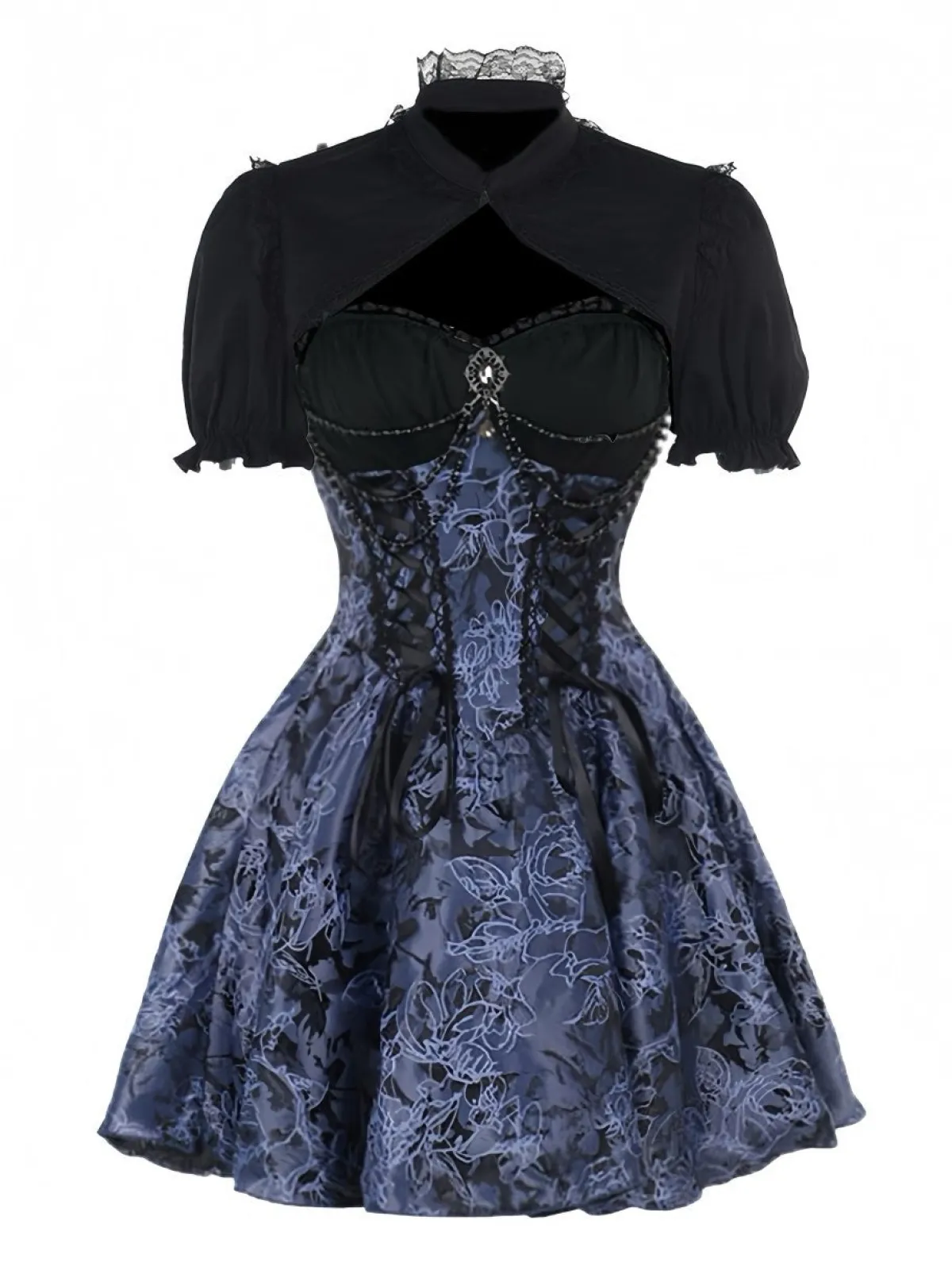 Fashion Retro Stage 2PCS 1980s Gothic Cape Cardigan & Floral Embroidered Dress Black & Blue