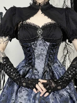 Fashion Retro Stage 2PCS 1980s Gothic Cape Cardigan & Floral Embroidered Dress Black & Blue