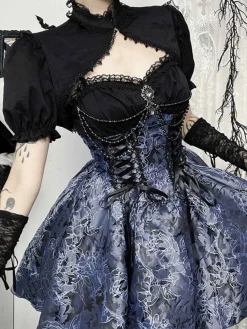 Fashion Retro Stage 2PCS 1980s Gothic Cape Cardigan & Floral Embroidered Dress Black & Blue