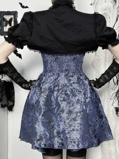 Fashion Retro Stage 2PCS 1980s Gothic Cape Cardigan & Floral Embroidered Dress Black & Blue