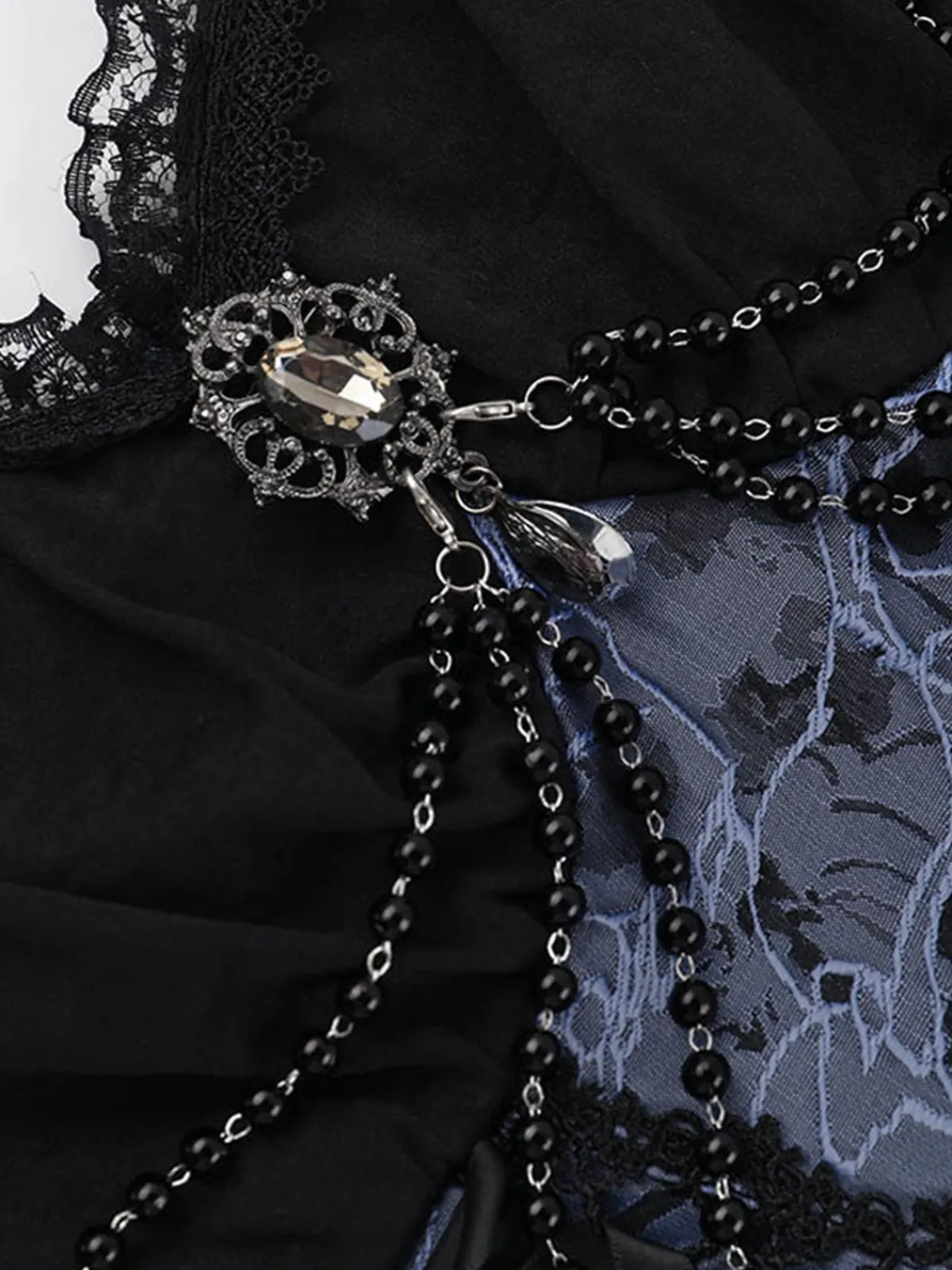 Fashion Retro Stage 2PCS 1980s Gothic Cape Cardigan & Floral Embroidered Dress Black & Blue