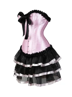 Hot Retro Stage 2PCS 1980s Steampunk Strapless Corset & Skirt Black & Pink