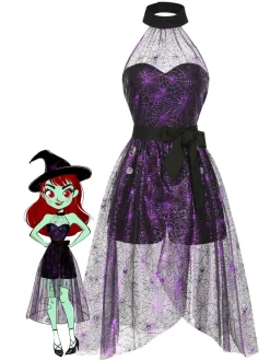 Fashion Retro Stage 2PCS & Purple 1950s Spiderweb Mesh Romper & Skirt Cover-Up Black