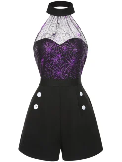 Fashion Retro Stage 2PCS & Purple 1950s Spiderweb Mesh Romper & Skirt Cover-Up Black