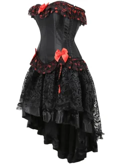 Online Retro Stage 2PCS Black & 1970s Steampunk Bow Corset & Skirt Red