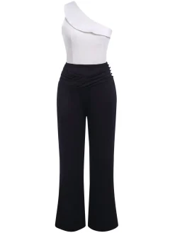 New Retro Stage 2PCS & White 1950s One-Shoulder Top & Pants Black
