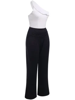 New Retro Stage 2PCS & White 1950s One-Shoulder Top & Pants Black