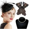 Hot Retro Stage 3PCS Black Feather Hat & Necklace & Lace Gloves