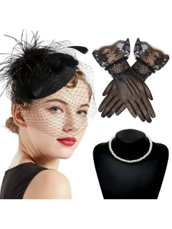 Hot Retro Stage 3PCS Black Feather Hat & Necklace & Lace Gloves