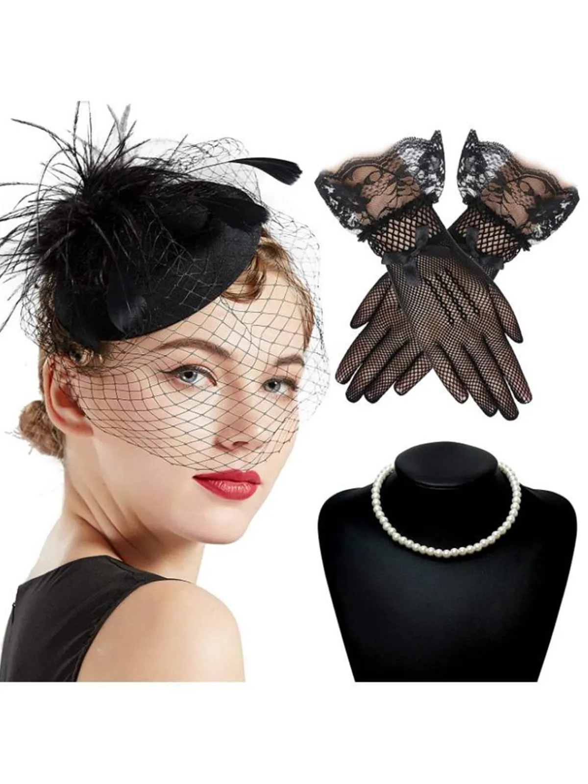 Hot Retro Stage 3PCS Black Feather Hat & Necklace & Lace Gloves