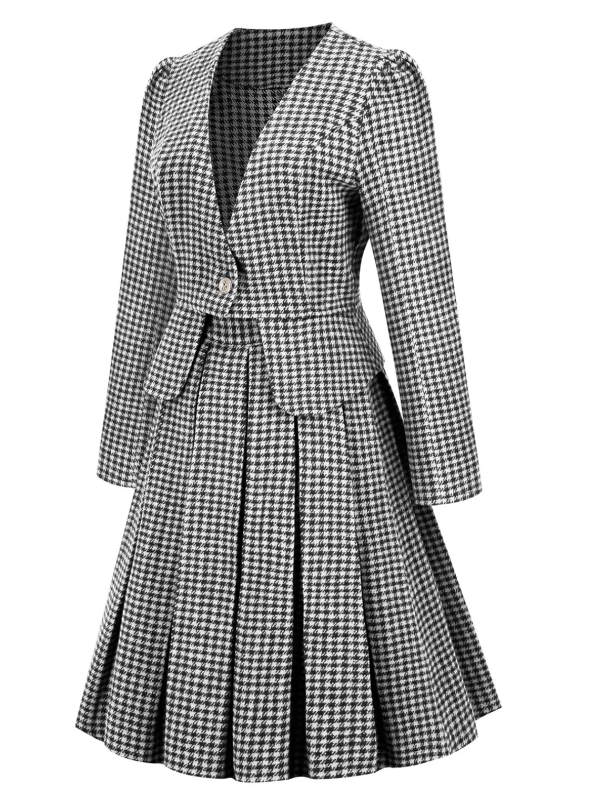 Clearance Retro Stage 2PCS Black Retro Plaid Blazer & Panel Skirt
