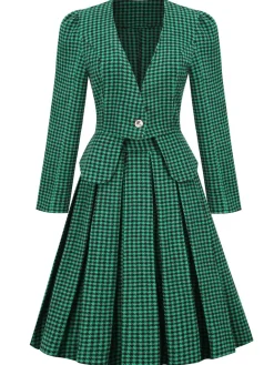 Clearance Retro Stage 2PCS Black Retro Plaid Blazer & Panel Skirt