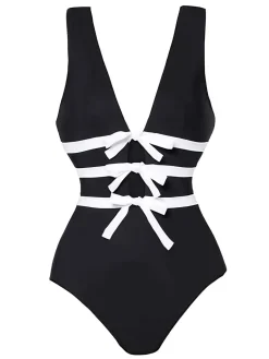 Best Retro Stage 2PCS 1940s Bow One-Piece Swimsuit & Swim Skirt Black