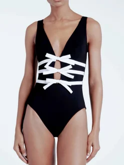 Best Retro Stage 2PCS 1940s Bow One-Piece Swimsuit & Swim Skirt Black