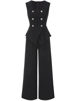 Fashion Retro Stage 2PCS 1960s Double Breasted Sleeveless Vest & Wide Leg Pants Black