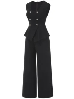 Fashion Retro Stage 2PCS 1960s Double Breasted Sleeveless Vest & Wide Leg Pants Black