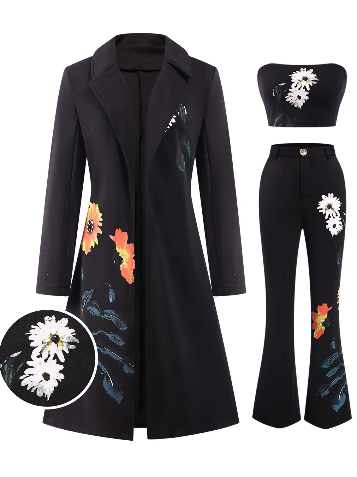 Best Retro Stage 3PCS 1960s Floral Long Coat & Top & Pants Suit Set Black