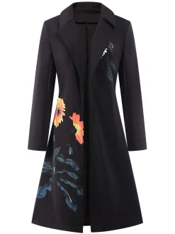 Best Retro Stage 3PCS 1960s Floral Long Coat & Top & Pants Suit Set Black