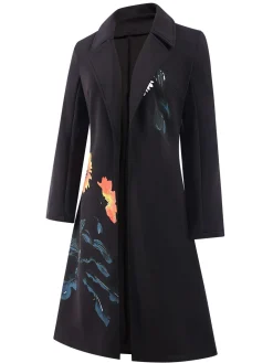 Best Retro Stage 3PCS 1960s Floral Long Coat & Top & Pants Suit Set Black