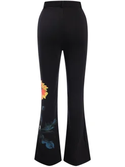 Best Retro Stage 3PCS 1960s Floral Long Coat & Top & Pants Suit Set Black