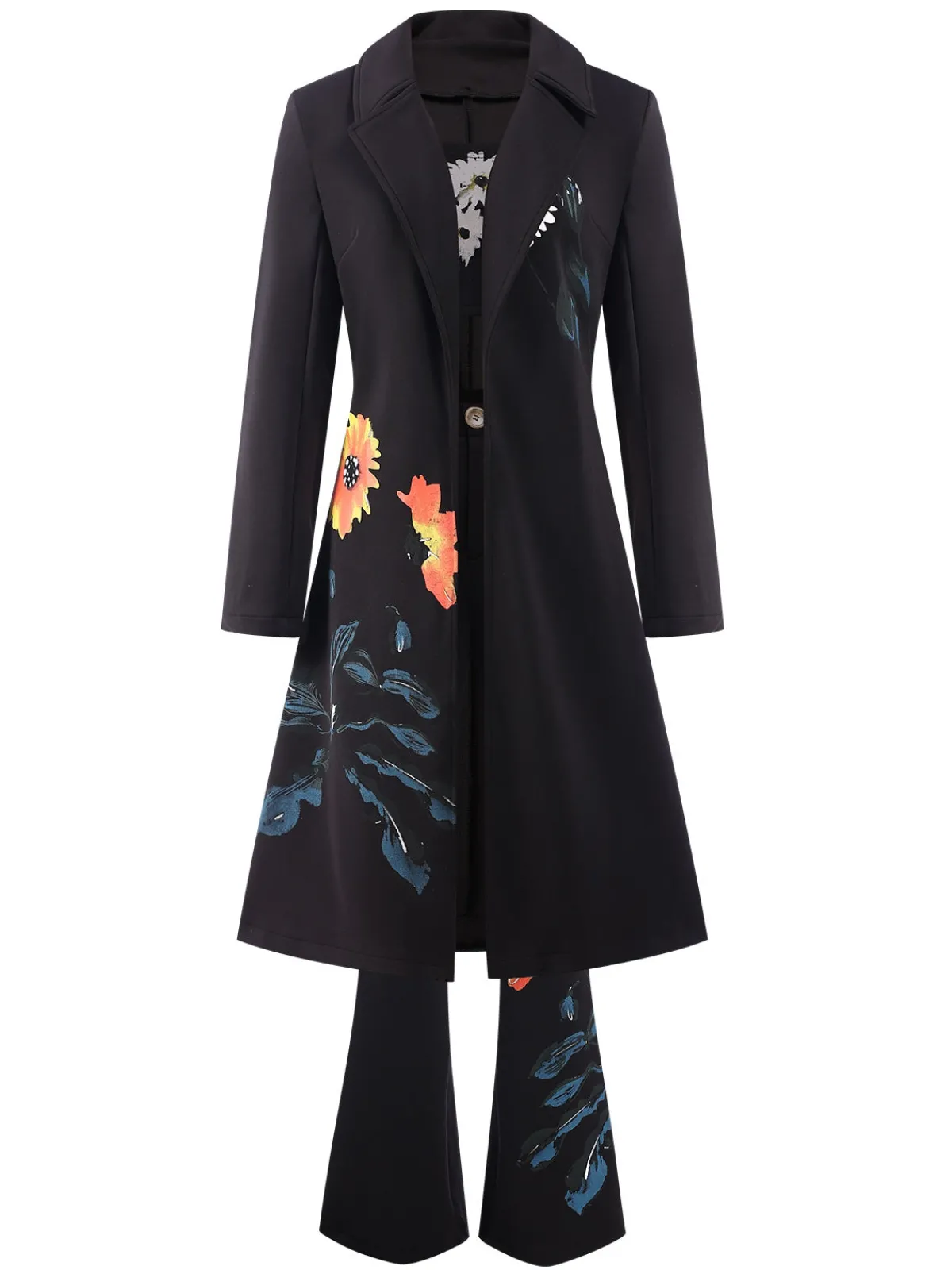 Best Retro Stage 3PCS 1960s Floral Long Coat & Top & Pants Suit Set Black