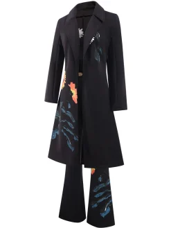 Best Retro Stage 3PCS 1960s Floral Long Coat & Top & Pants Suit Set Black