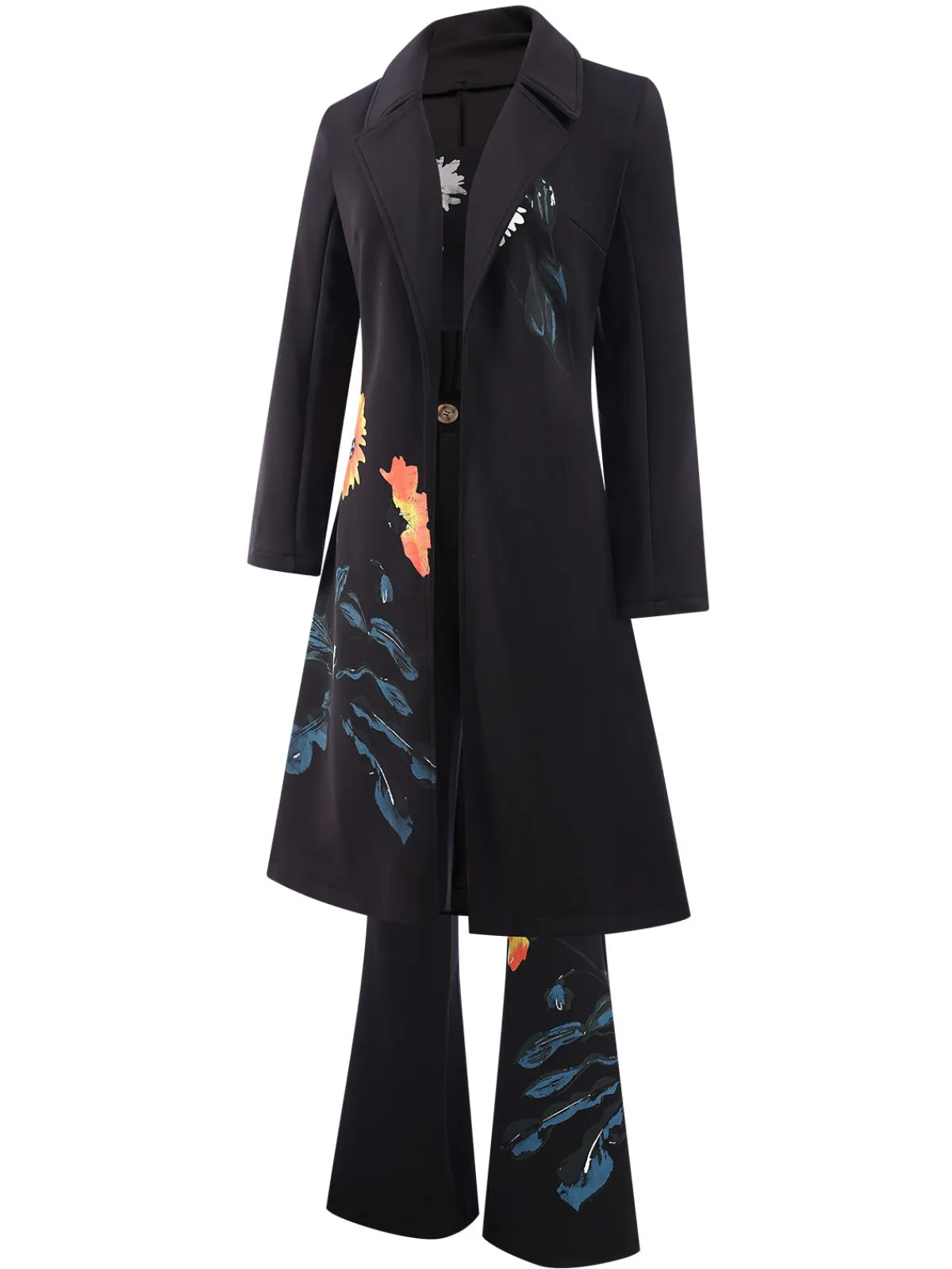 Best Retro Stage 3PCS 1960s Floral Long Coat & Top & Pants Suit Set Black