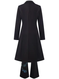 Best Retro Stage 3PCS 1960s Floral Long Coat & Top & Pants Suit Set Black