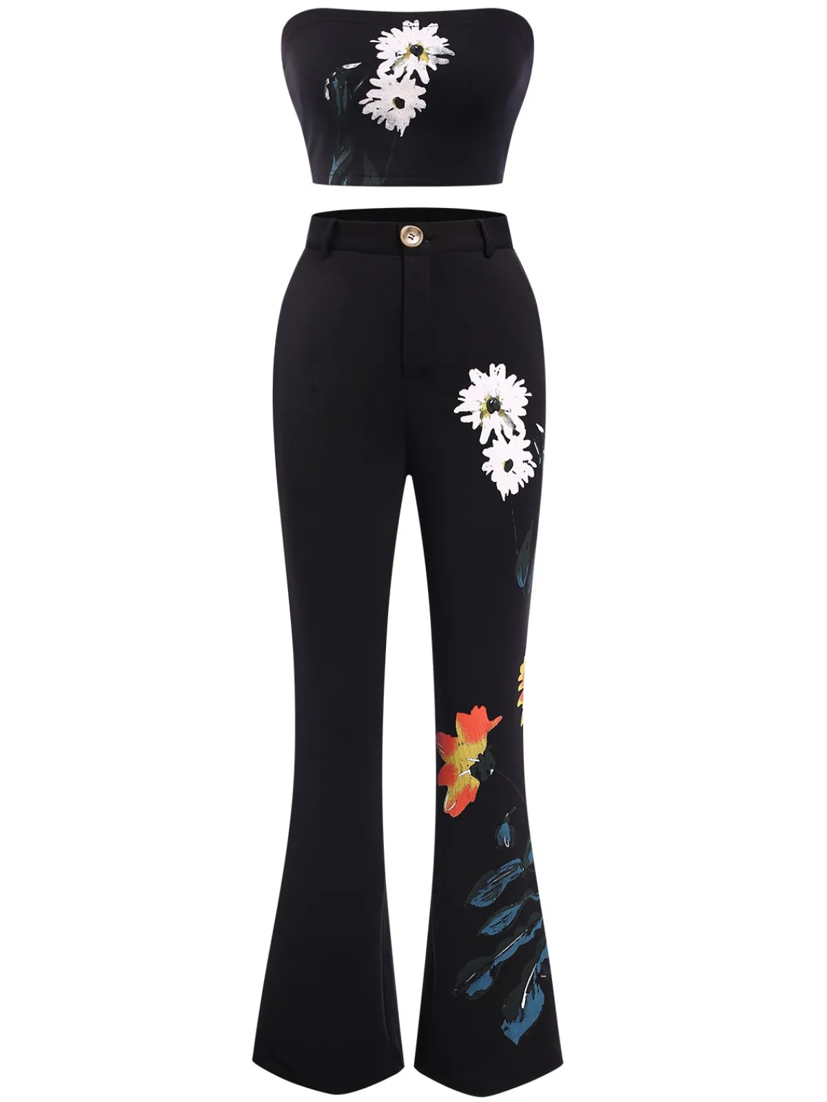 Best Retro Stage 3PCS 1960s Floral Long Coat & Top & Pants Suit Set Black