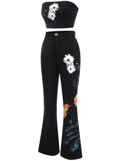 Best Retro Stage 3PCS 1960s Floral Long Coat & Top & Pants Suit Set Black